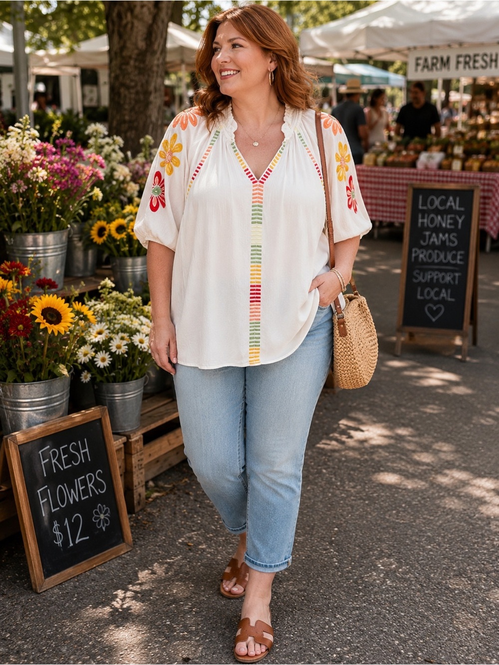 Cato 22/24W White Embroidered Floral Boho Peasant Blouse Plus Size Rayon